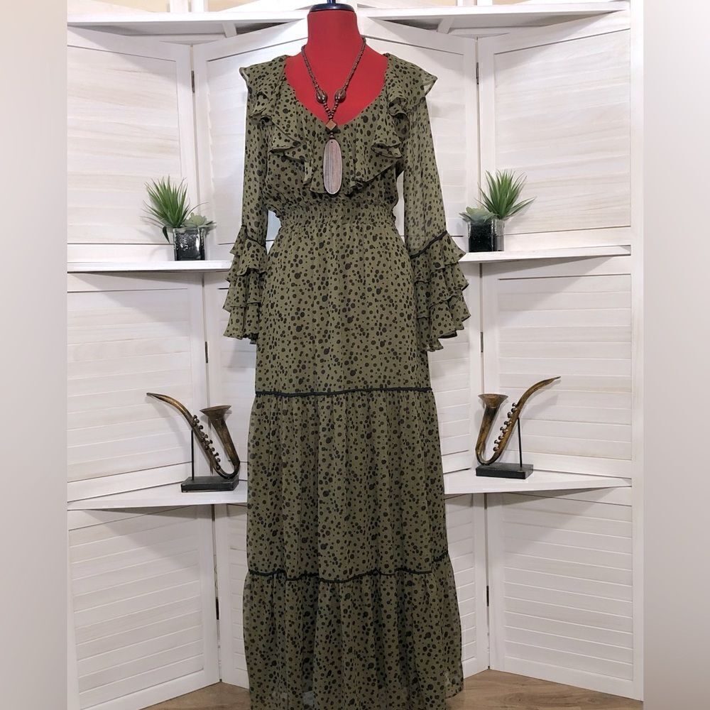 Misa Los Angeles Mavistela Dress XS Green Black Dot Ruffled - Picture 2 of 8